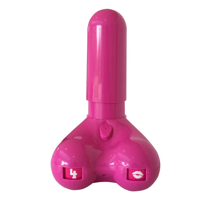 Pink toy with a cylindrical top and base on a white background